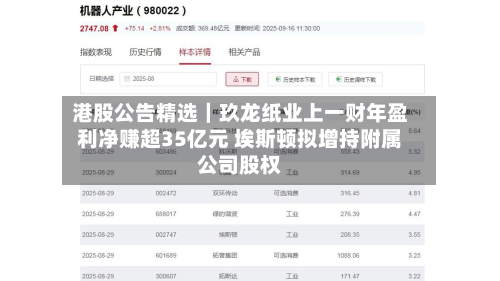 港股公告精选｜玖龙纸业上一财年盈利净赚超35亿元 埃斯顿拟增持附属公司股权