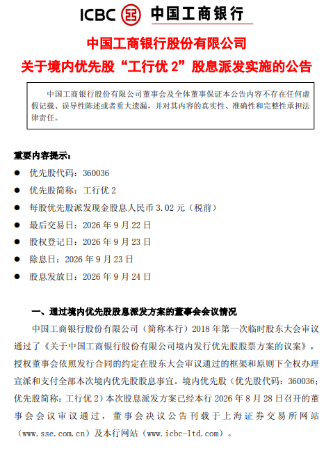 工商银行：拟派发“工行优2”股息，每股发放3.02元