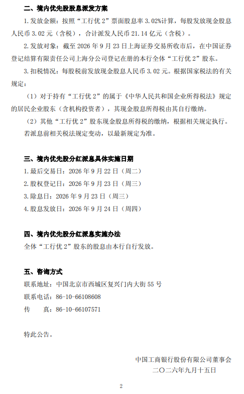 工商银行：拟派发“工行优2”股息，每股发放3.02元